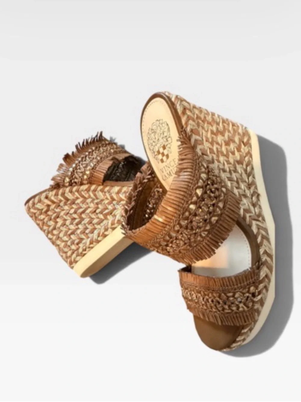 Vince Camuto Brown Woven Fringe Slide Sandals